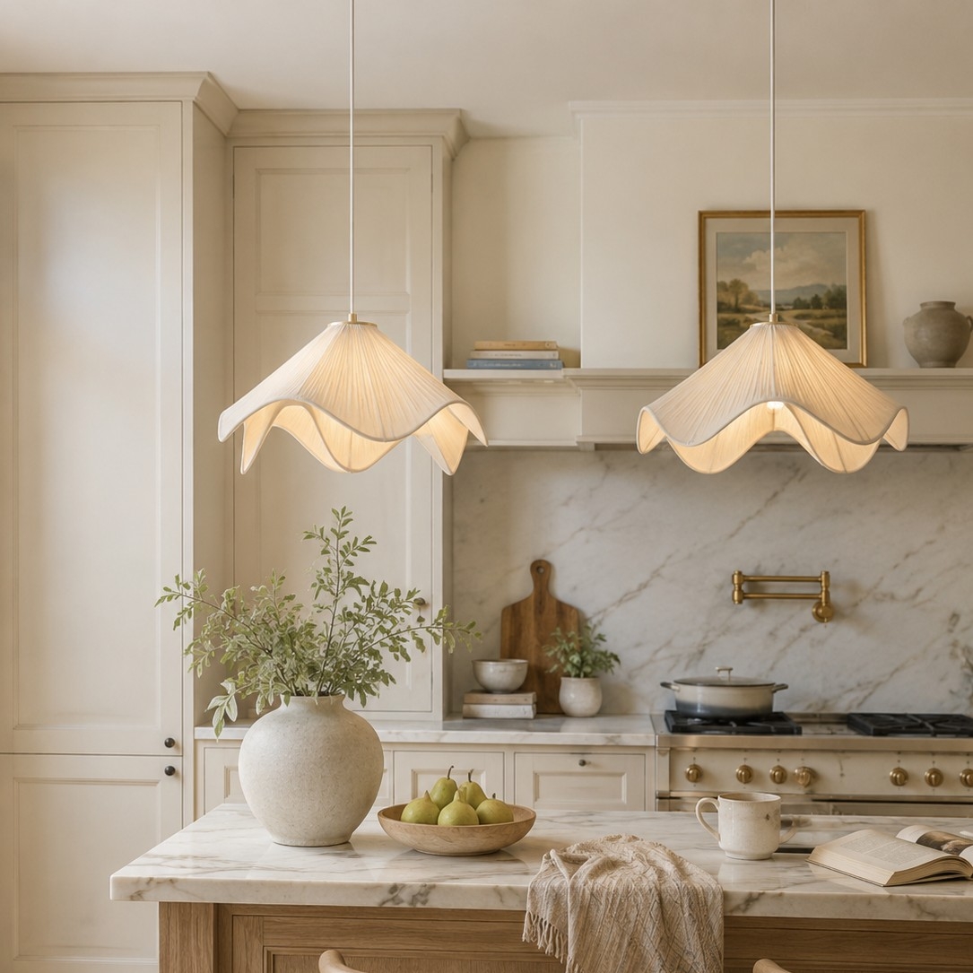 Escena amplia de cocina con lámparas colgantes de tela