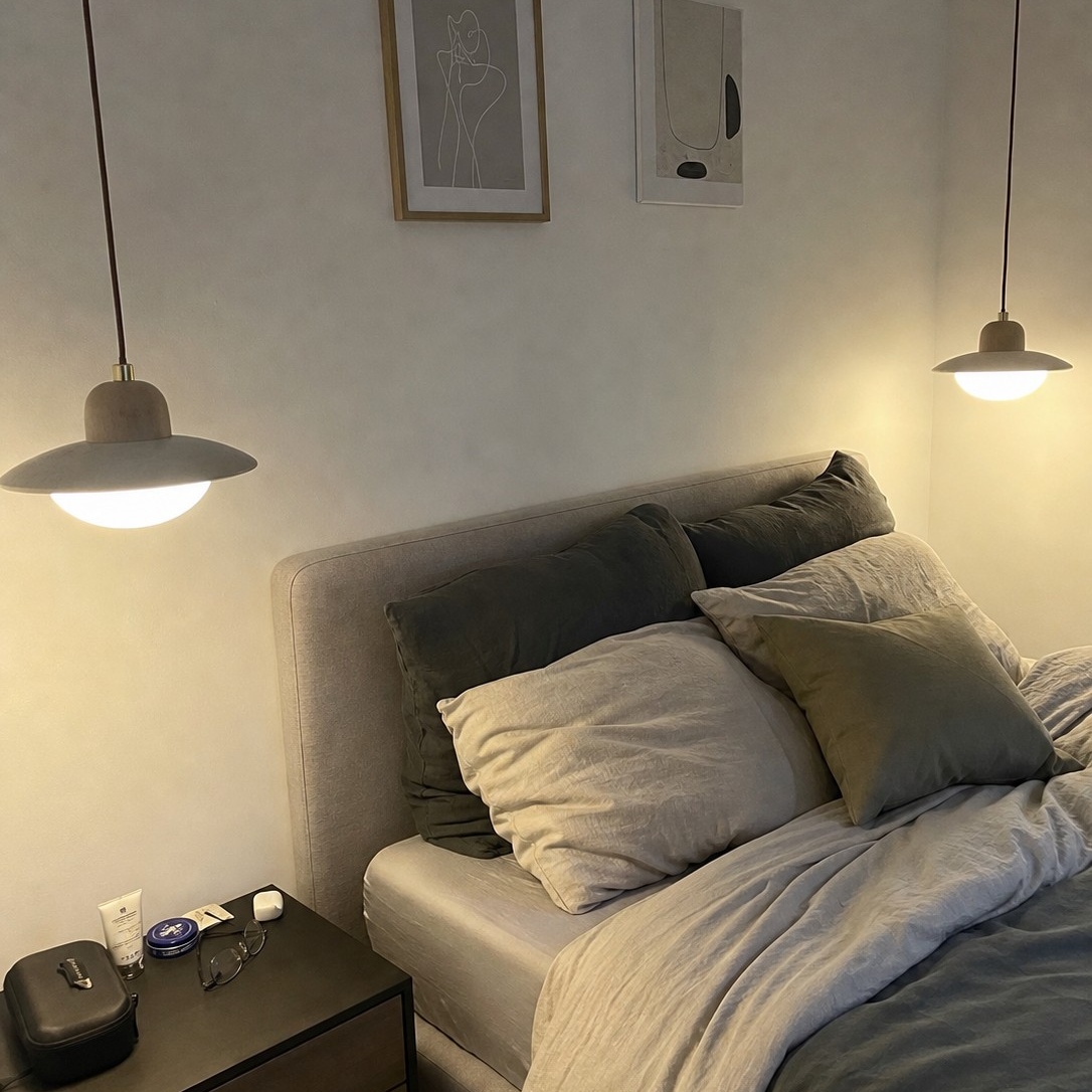 Comentario de cliente en dormitorio con lámpara Brim