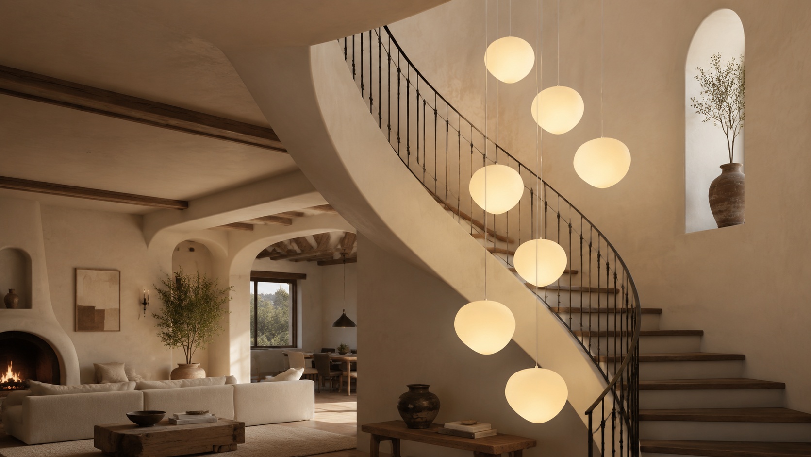 Lámpara colgante Pebbles en una escalera interior