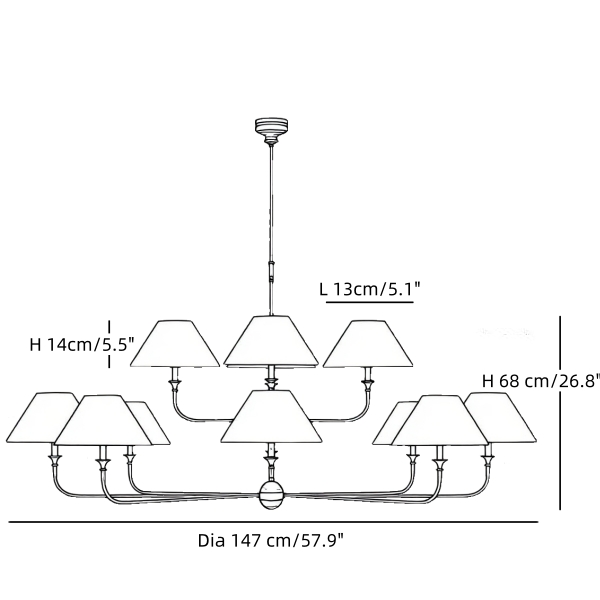 Medidas de lámpara de araña industrial de 12 luces