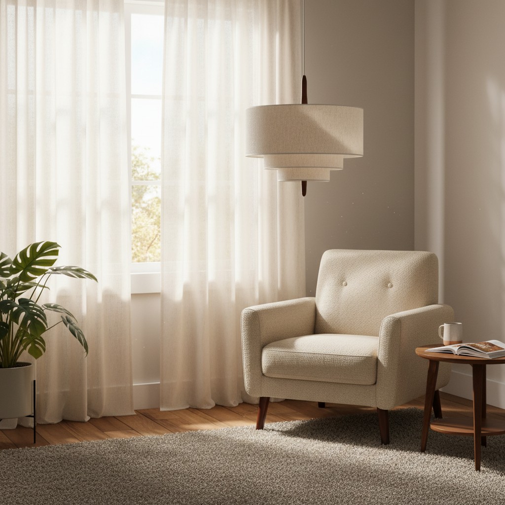Wave Ladder Linen Pendant Lamp en rincón de lectura