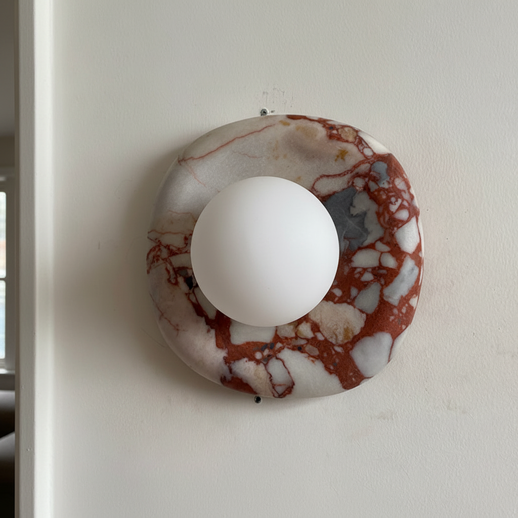 Lámpara Orli en una pared con acabado de jade rojo
