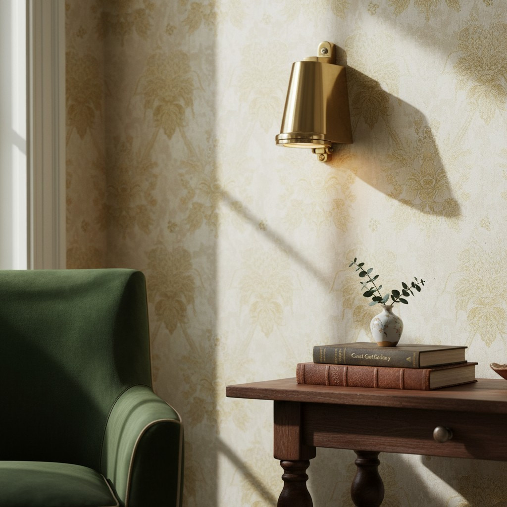 Lámpara Orran de acabado latón en una pared decorativa