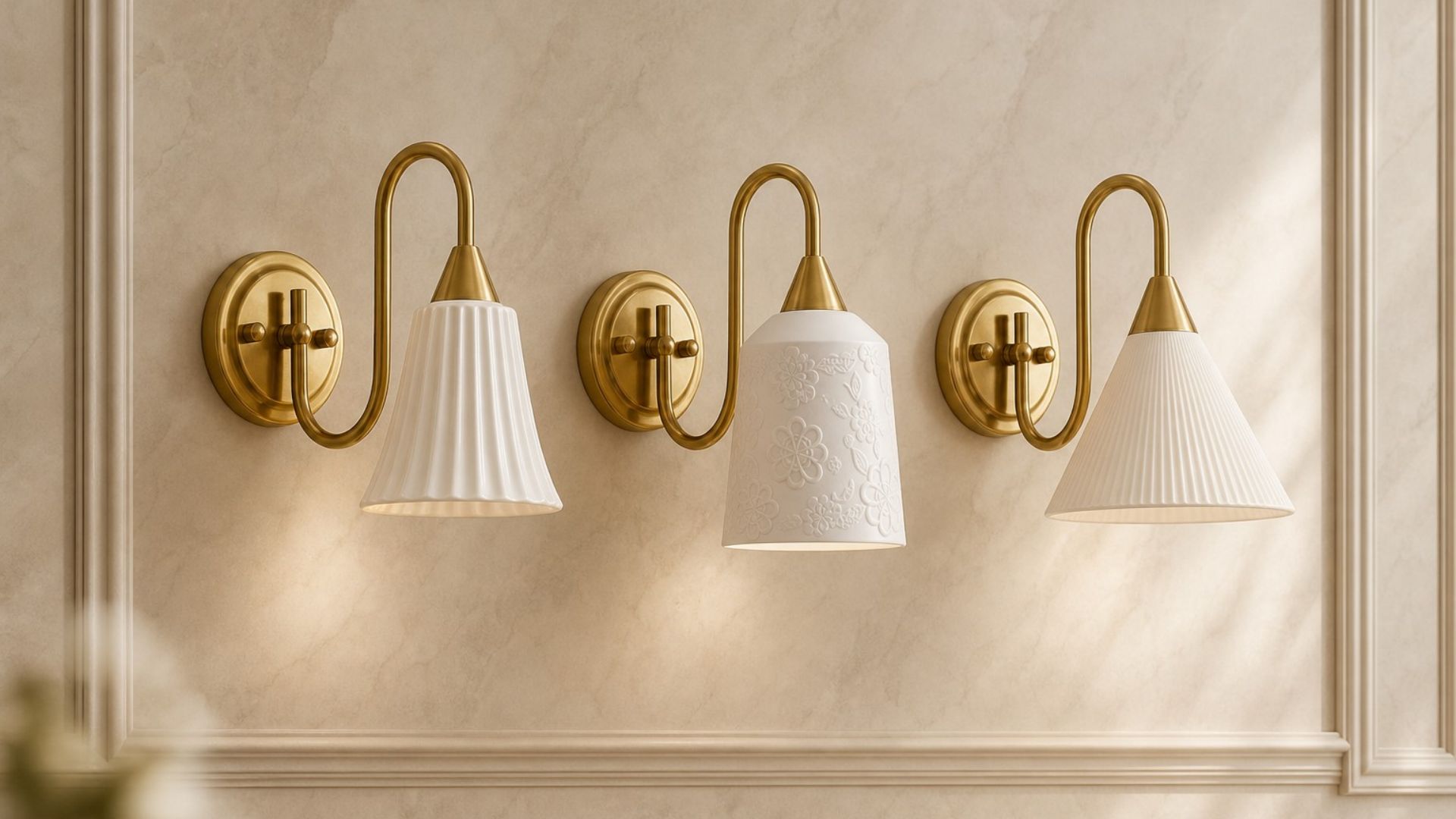 Tres lámparas de pared vintage iluminadas en pared decorativa