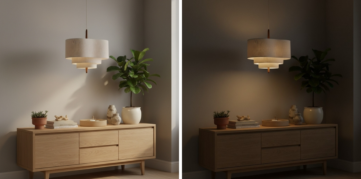 Comparación de luz apagada y encendida
