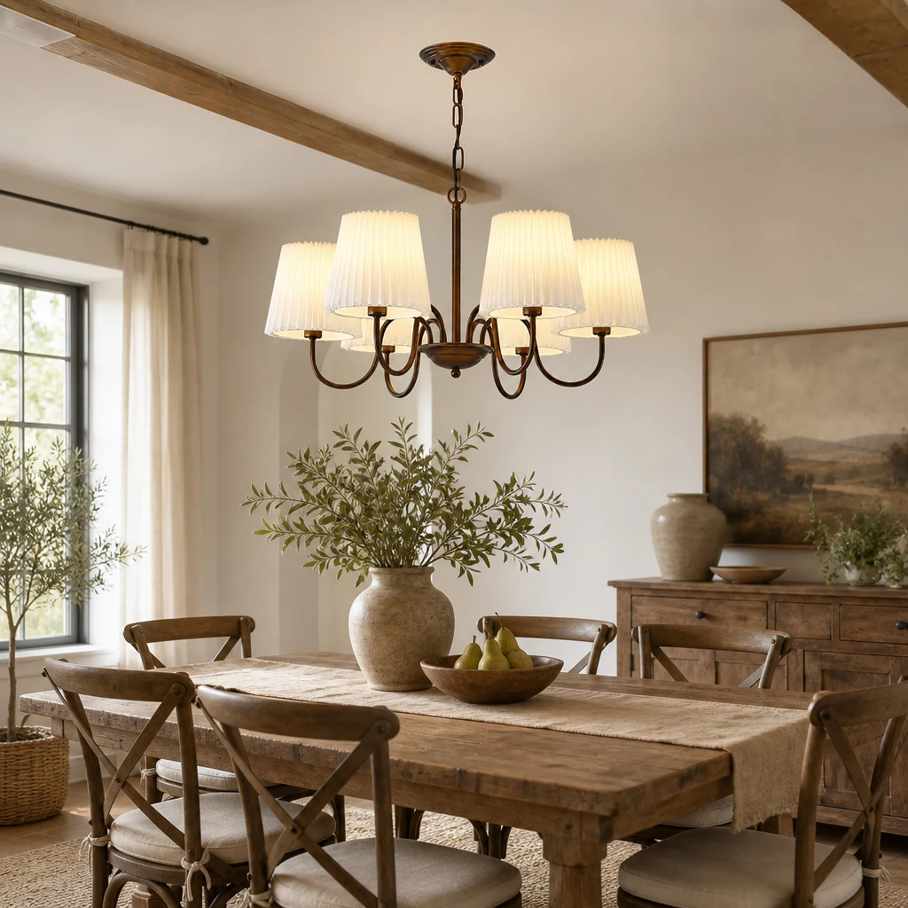 rustic pleated fabric chandelier above dining table