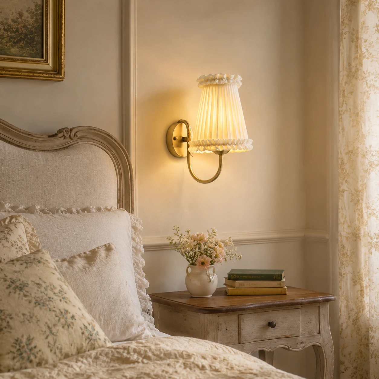 Aplique de pared francés de estilo vintage junto a la cama.