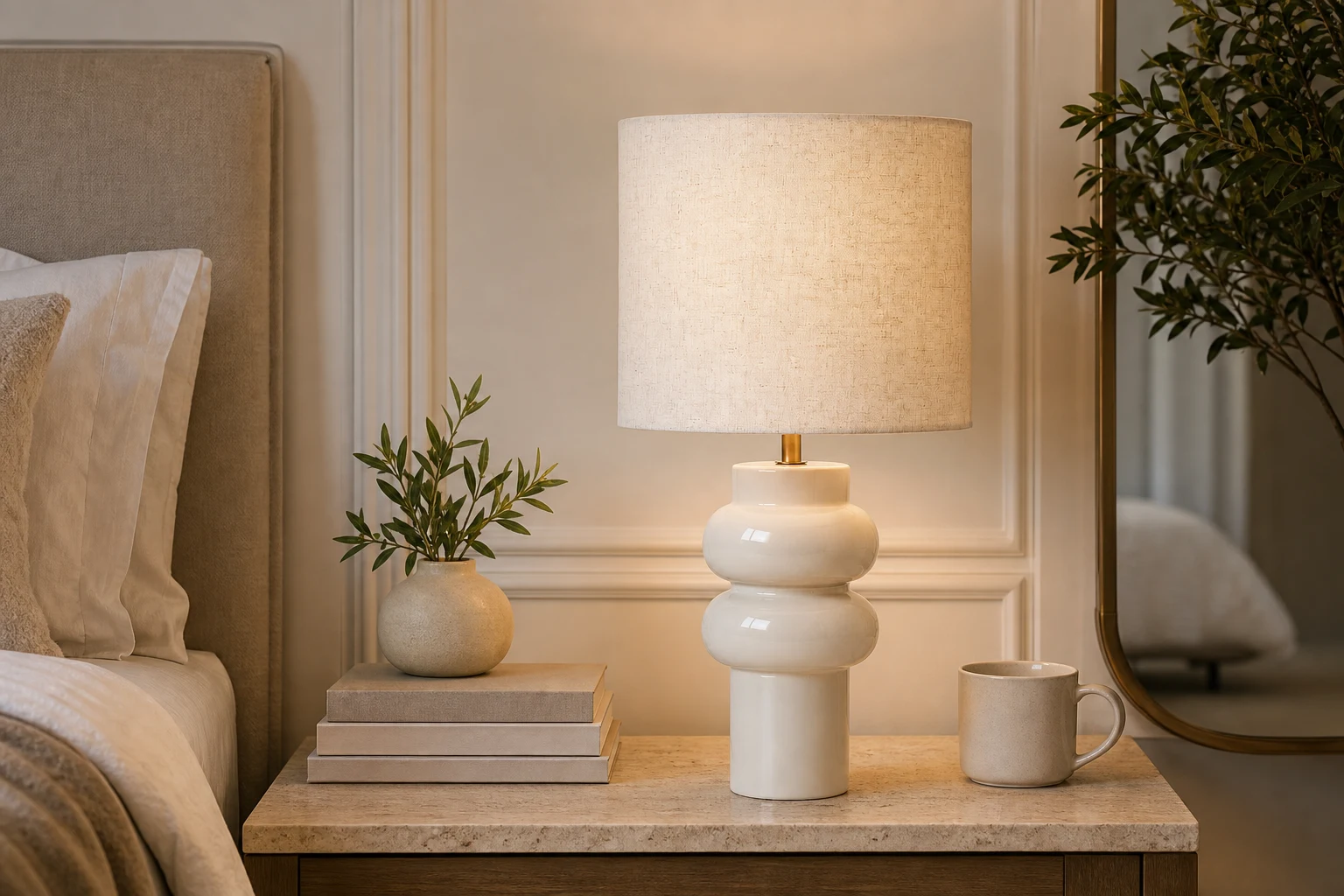Lámpara de mesa nórdica en una cálida habitación de hotel.