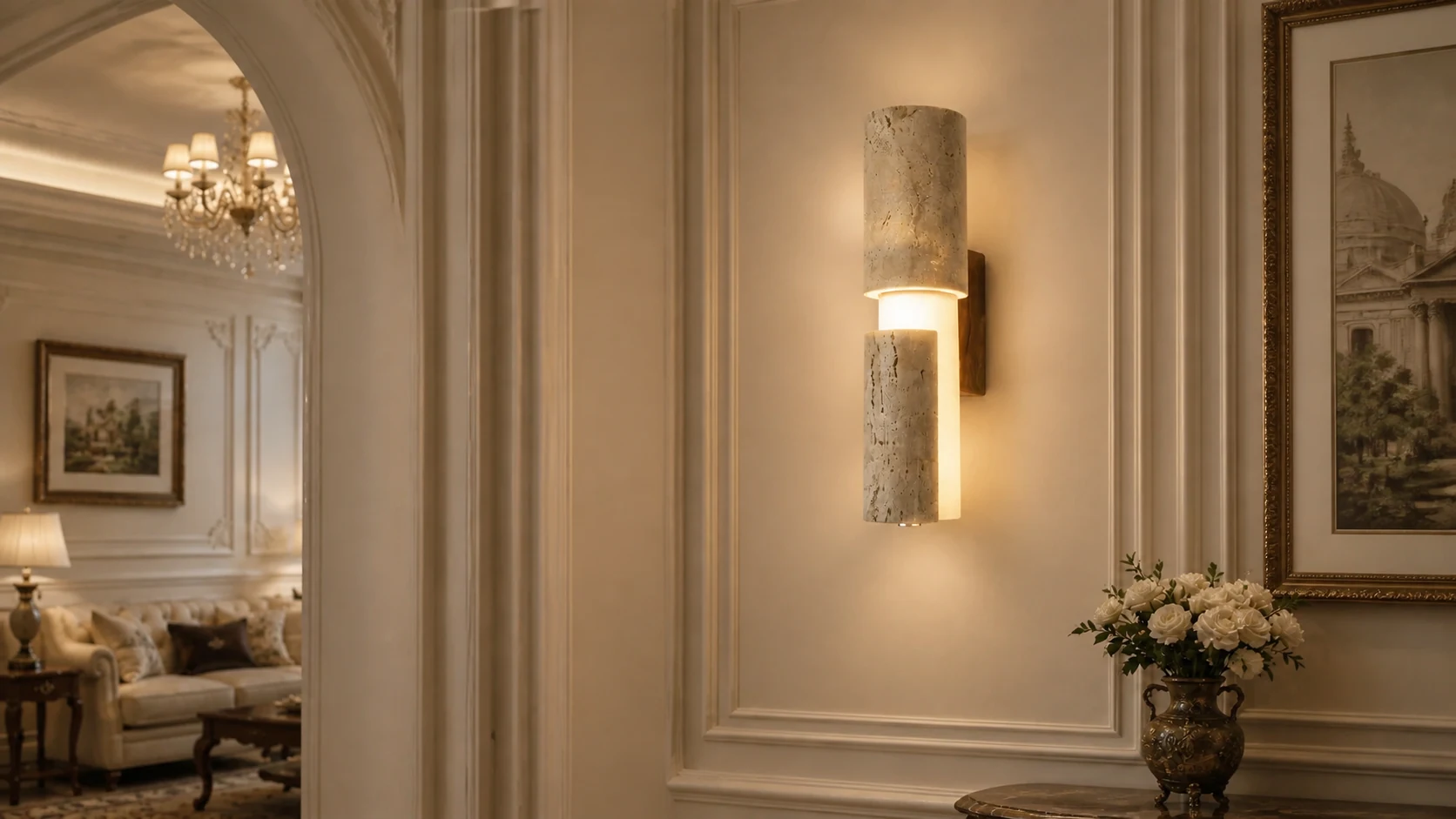 Yellow Travertine Acrylic Wall Lamp in a warm horizontal interior scene