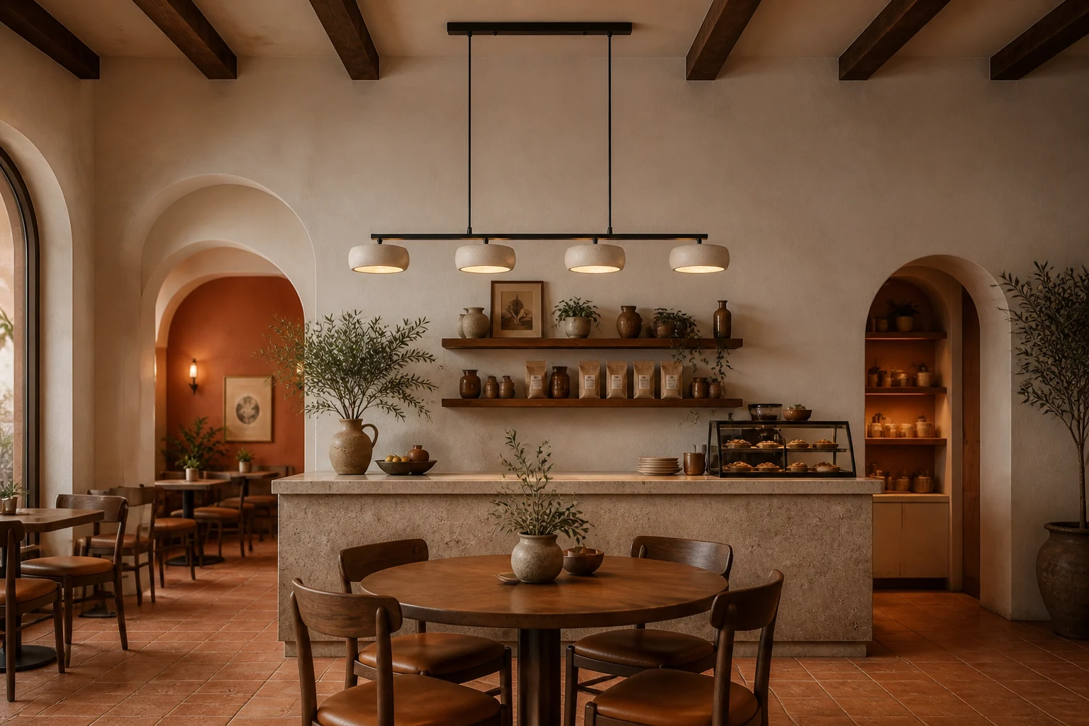 Natural travertine linear pendant in a lifestyle dining interior