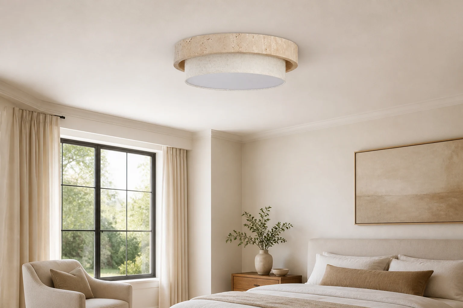 Travertine Fabric Flush Mount Ceiling Light in a warm interior scene