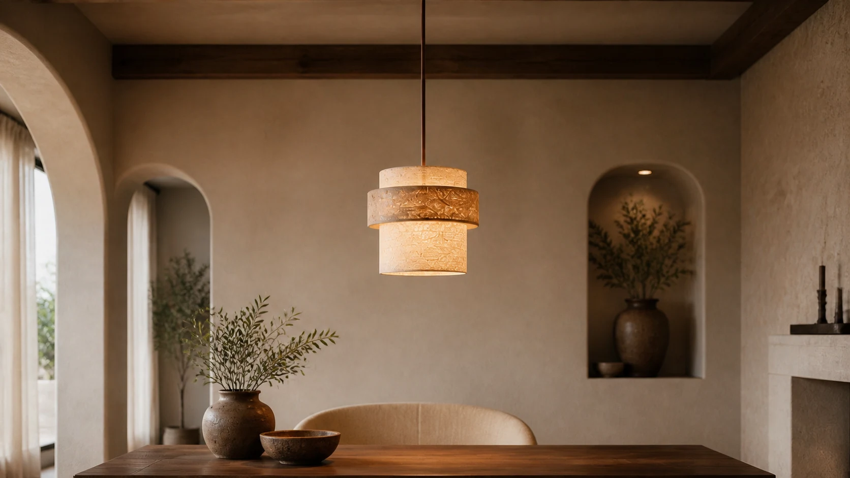 Travertine fabric pendant light in a warm dining interior