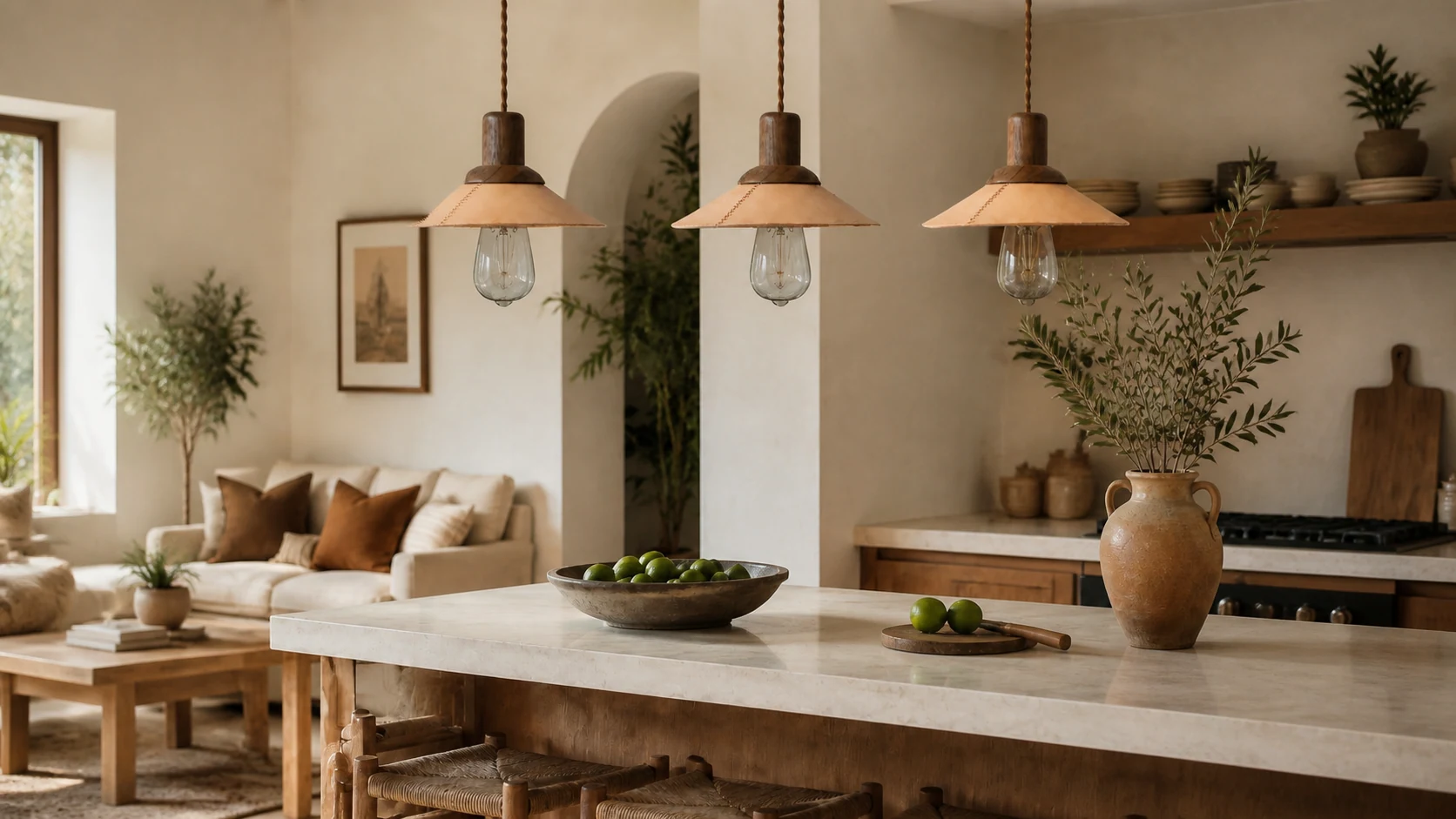 Hand-stitched leather and wood pendant light in a warm interior scene