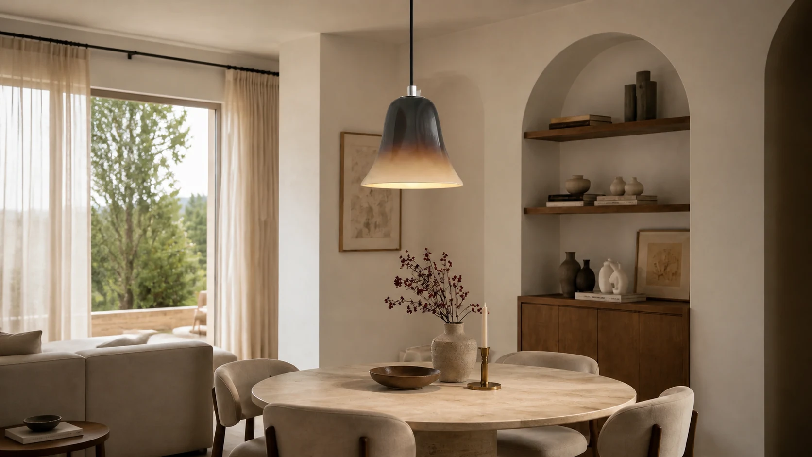 Vintage gradient glass pendant light in a warm dining interior