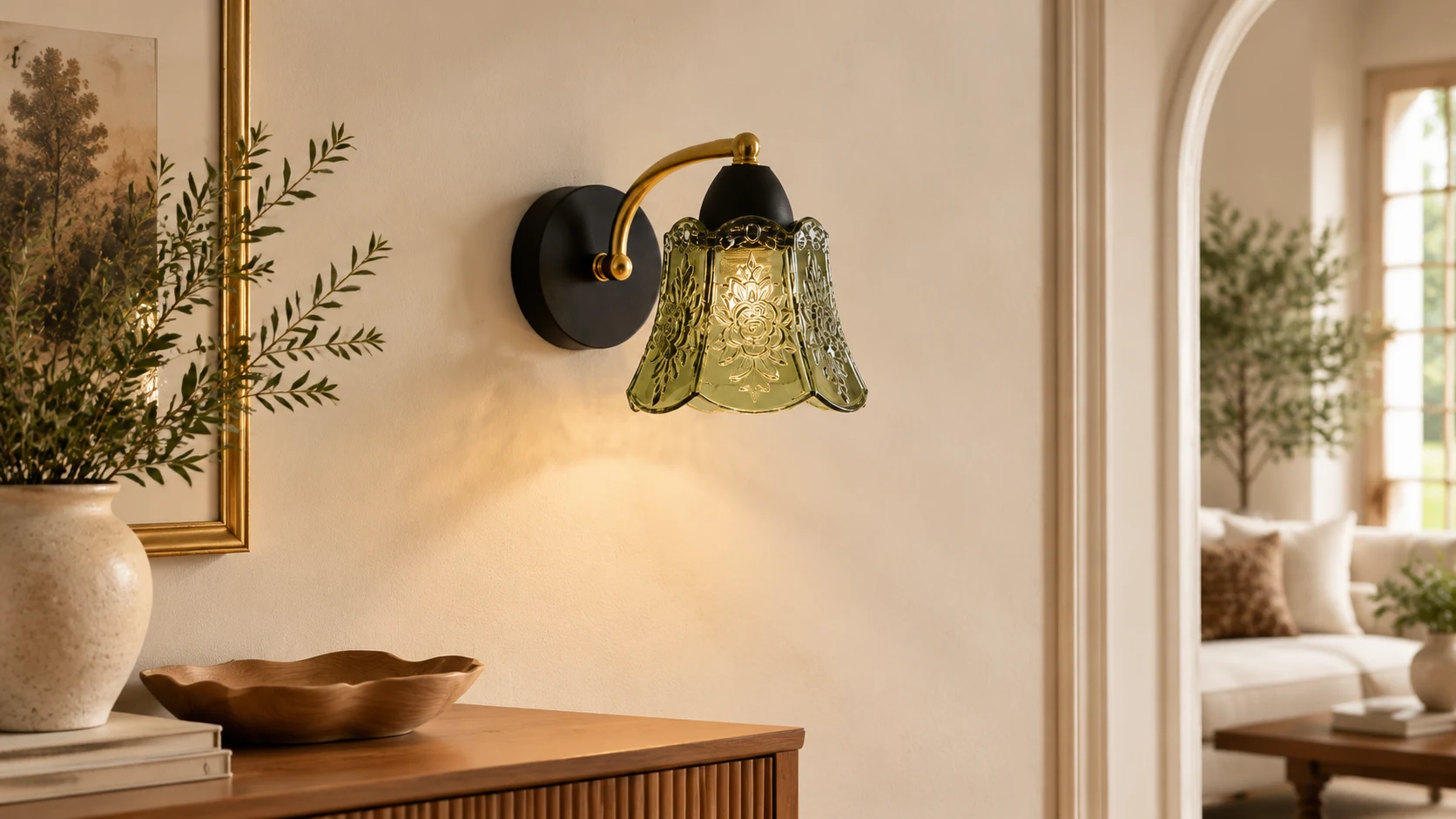 Vintage green glass wall lamp with wood accent in a warm interior
