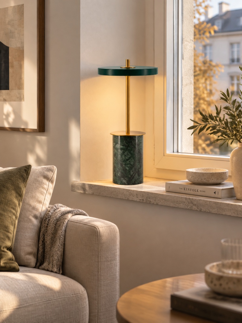 Asteria dark green marbled lamp illuminated on a windowsill