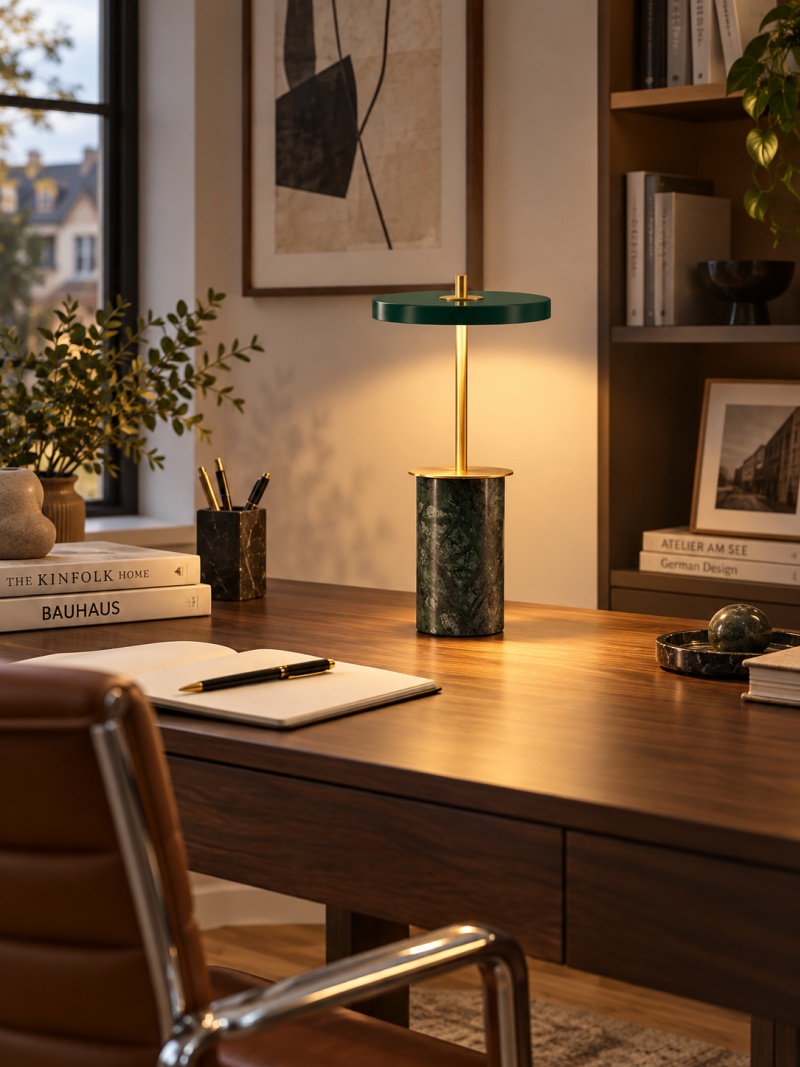 Asteria dark green marbled lamp in a workspace