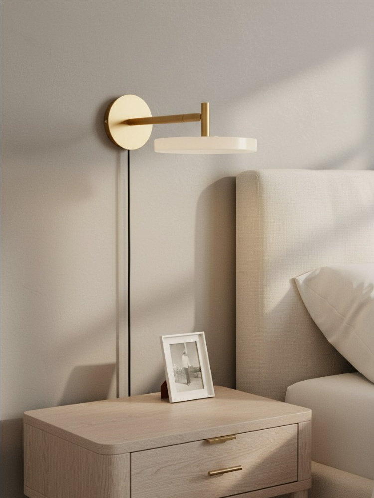 Close lifestyle bedroom scene with Asteria wall light and cord