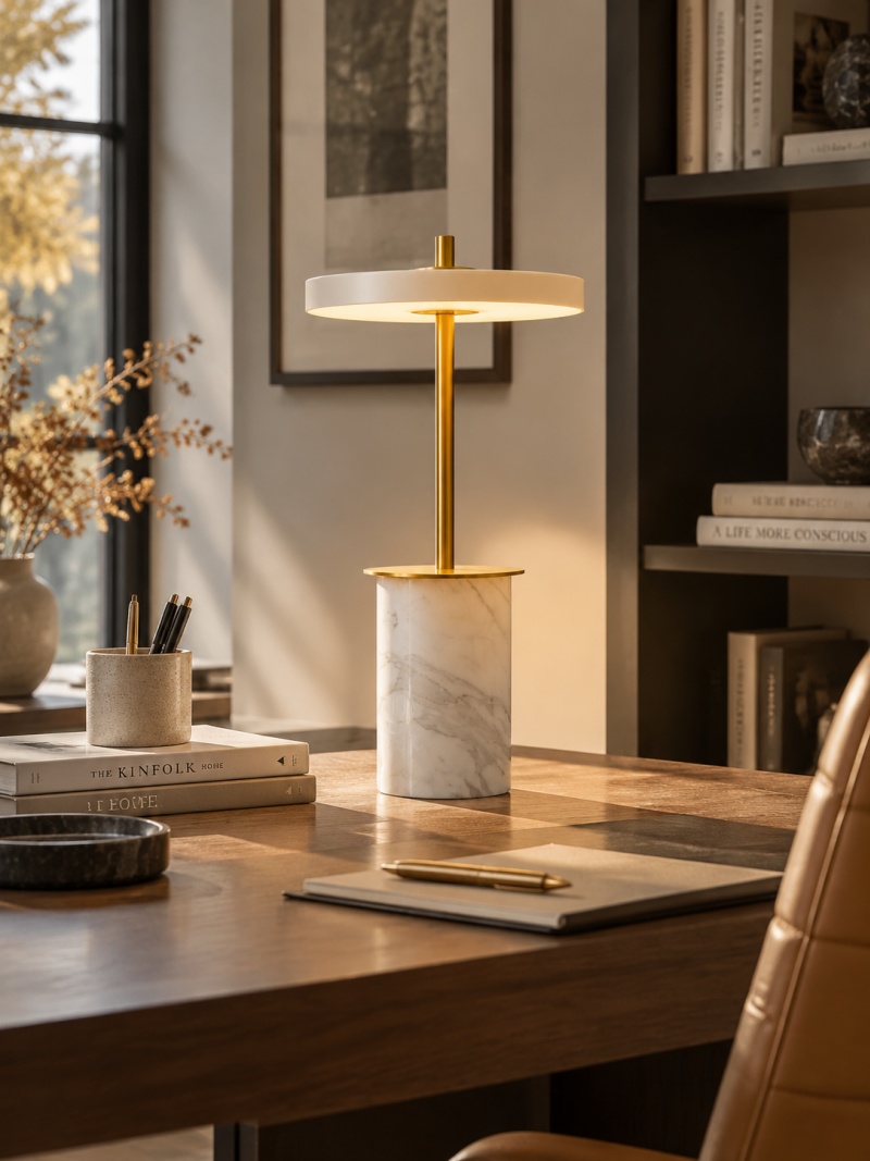 Asteria white marbled lamp on a desk