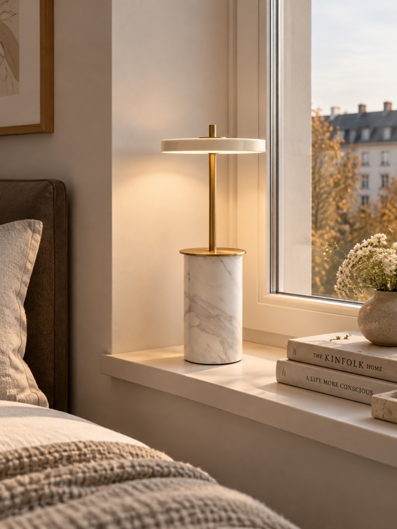 Asteria white marbled lamp on a bedroom windowsill