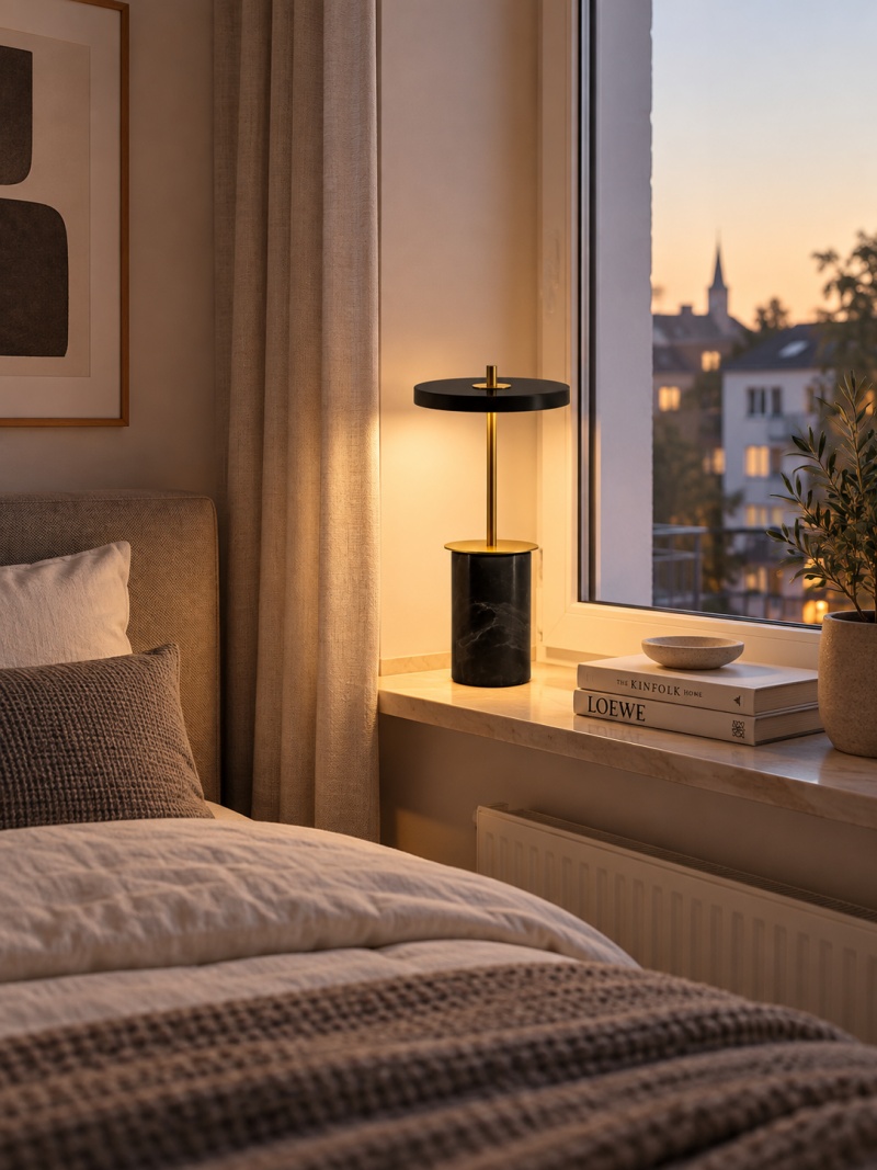 Asteria black marbled lamp on a bedroom windowsill at dusk
