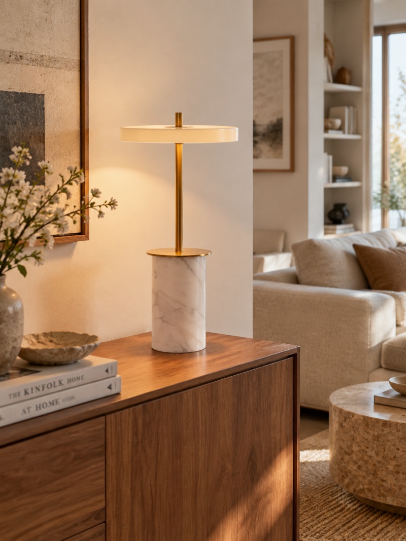 Asteria white marbled lamp on a wooden sideboard