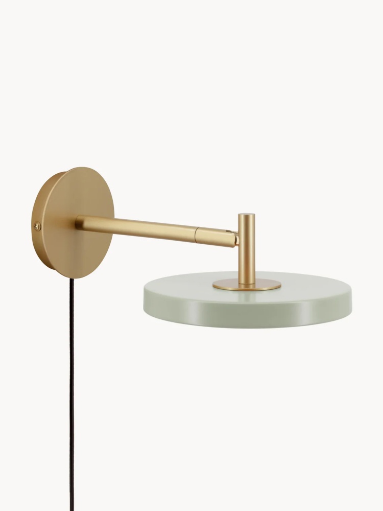 Asteria wall light product view with wall plate, arm, shade, and cord