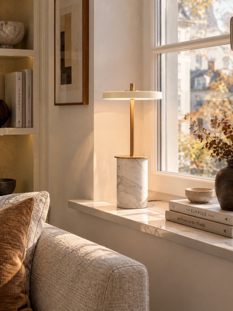 Asteria white marbled lamp illuminated beside a seating area