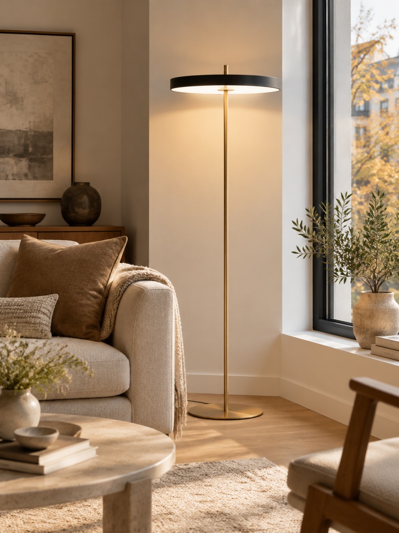 Asteria lamp lit beside sofa and window