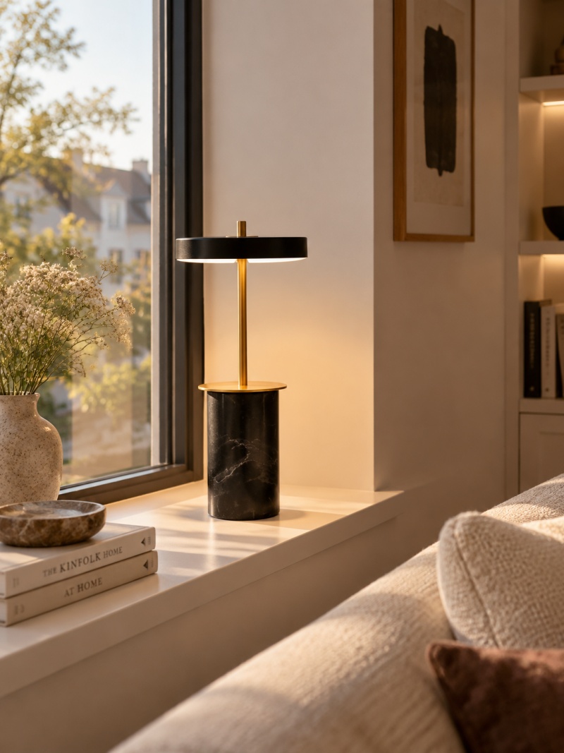 Asteria black marbled lamp illuminated on a windowsill