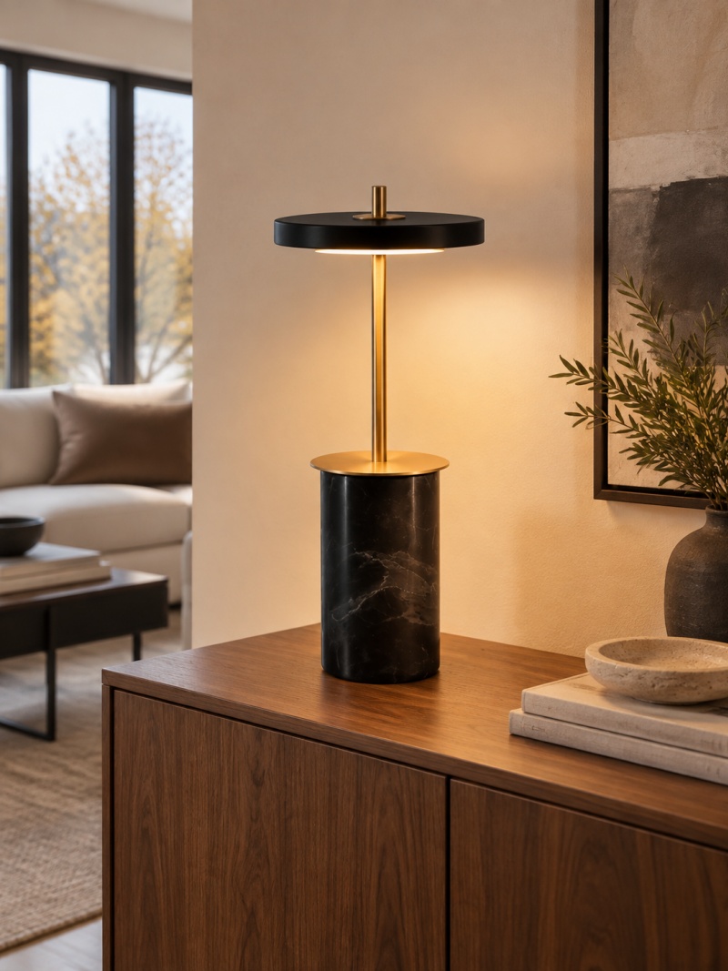 Asteria black marbled lamp on a modern wood cabinet
