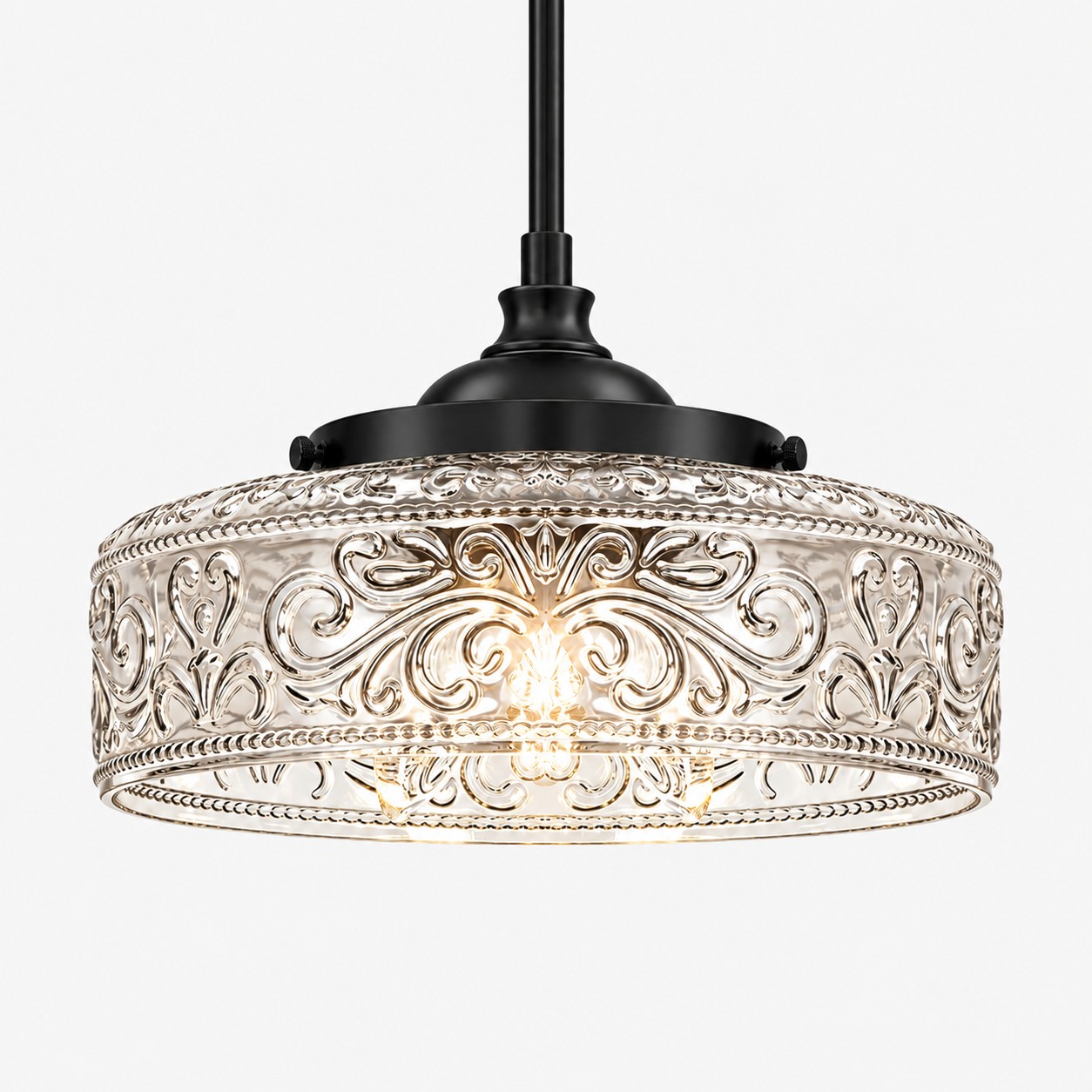 Vintage Glass Pendant Light with adjustable hanging, patterned glass and hammered options