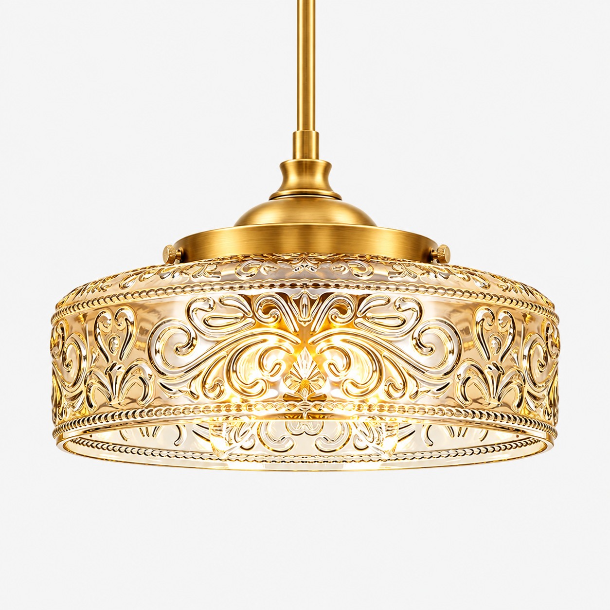 Vintage Glass Pendant Light with adjustable hanging, patterned glass and hammered options