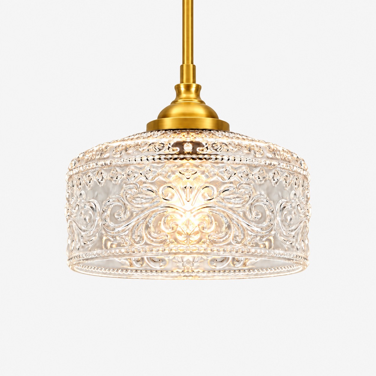 Vintage Glass Pendant Light with adjustable hanging, patterned glass and hammered options