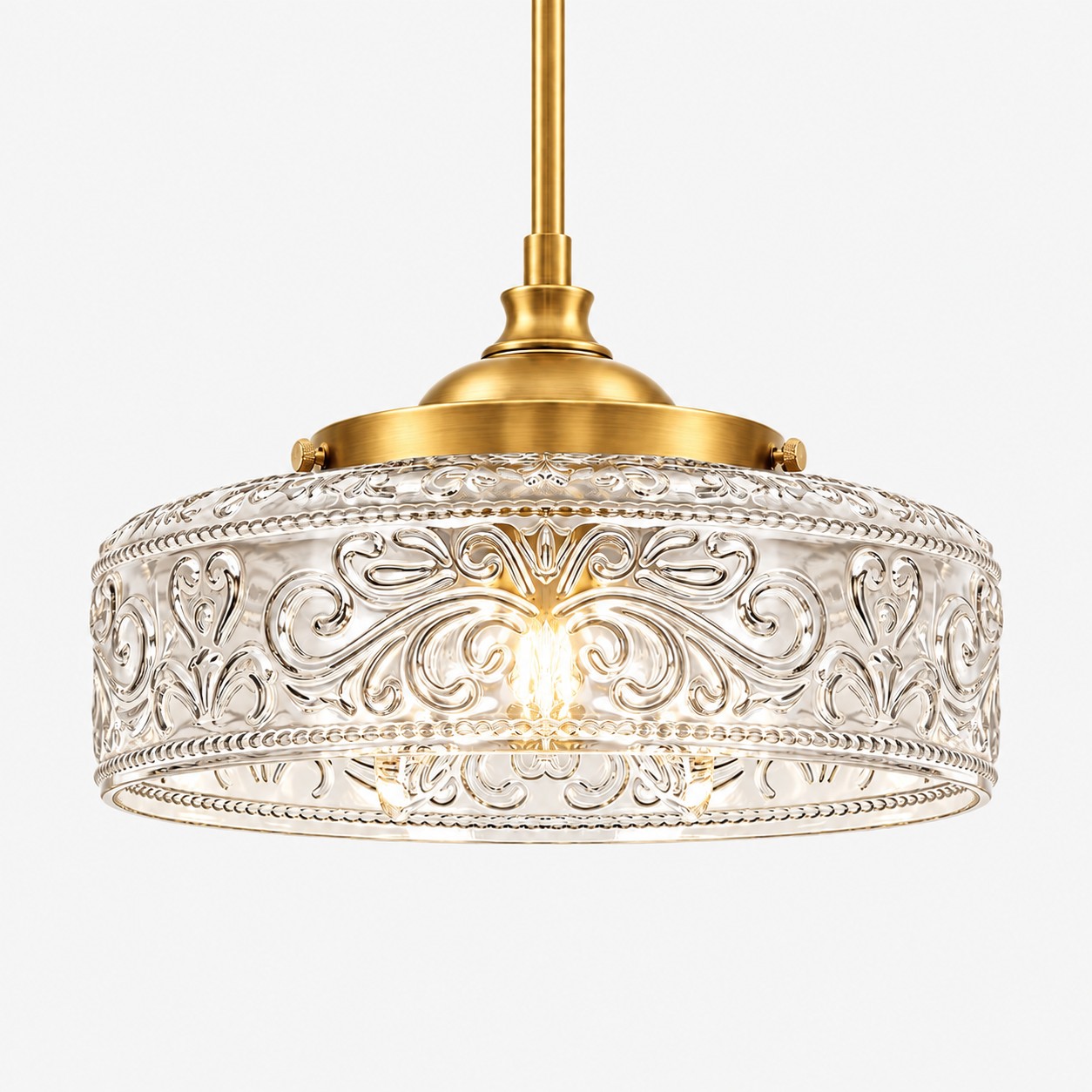Vintage Glass Pendant Light with adjustable hanging, patterned glass and hammered options