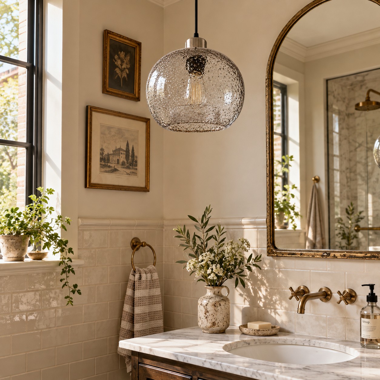 Textured Glass Globe Pendant with an open bottom, marble glass options and a round shade