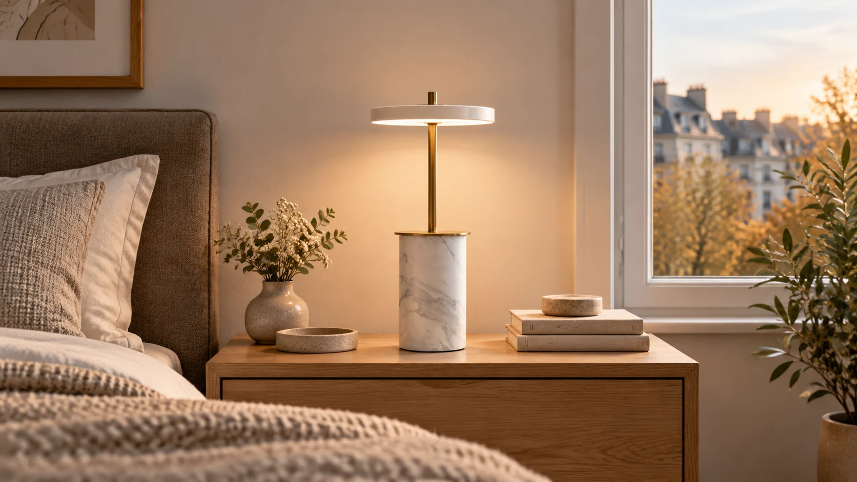 Asteria sculptural disc shade table lamp in a warm modern interior