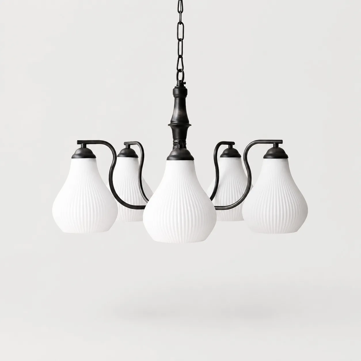 Vintage five-heads black iron chandelier with ribbed glass shades