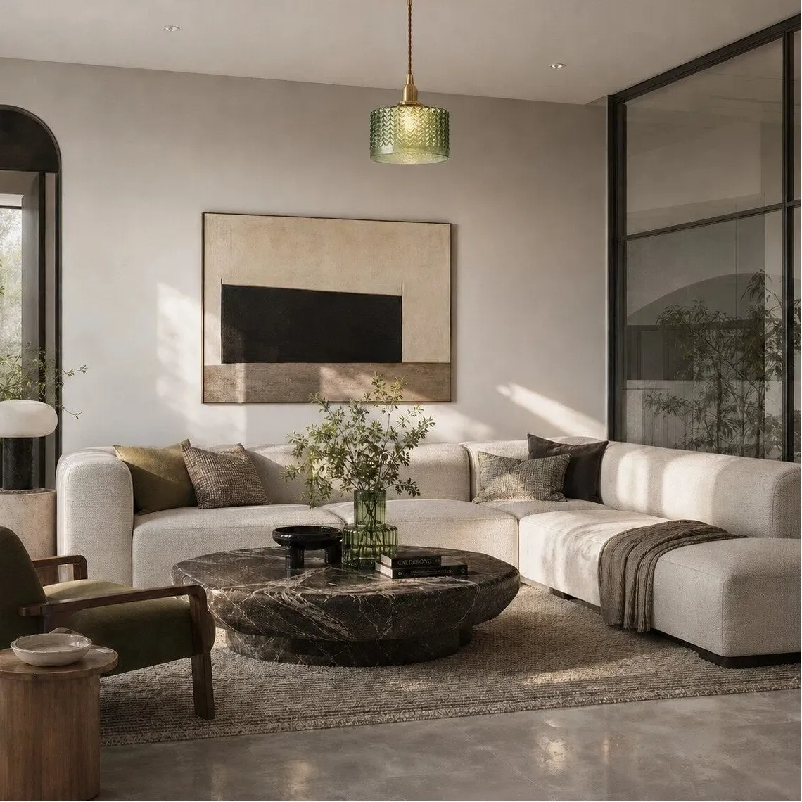 Emerald glass pendant in a modern living room