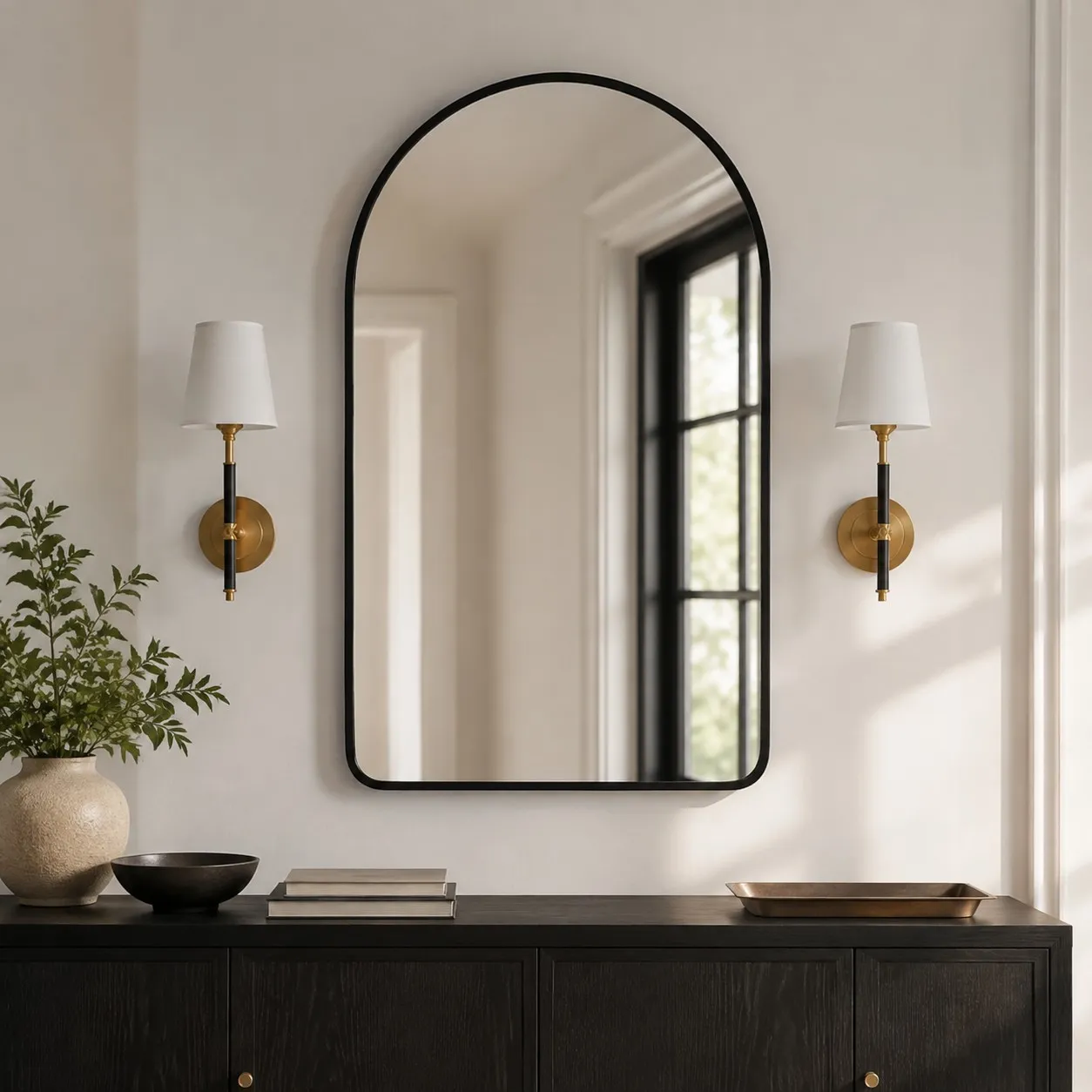 pair of natural brass leather wall sconces beside an arched mirror