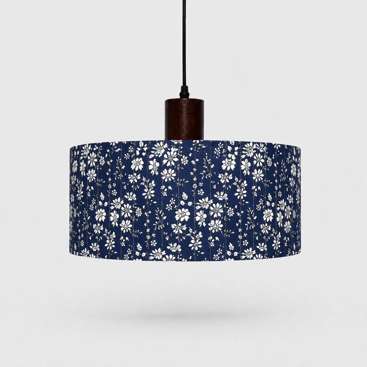 Blue floral patterned fabric drum pendant light, 35 cm shade