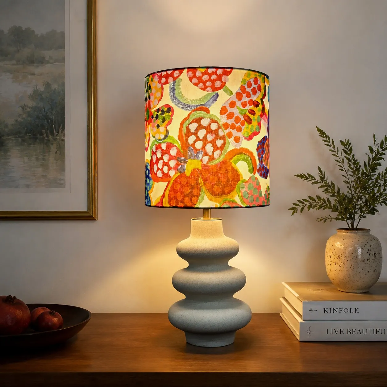 Sculptural ceramic table lamp in a warm room setting