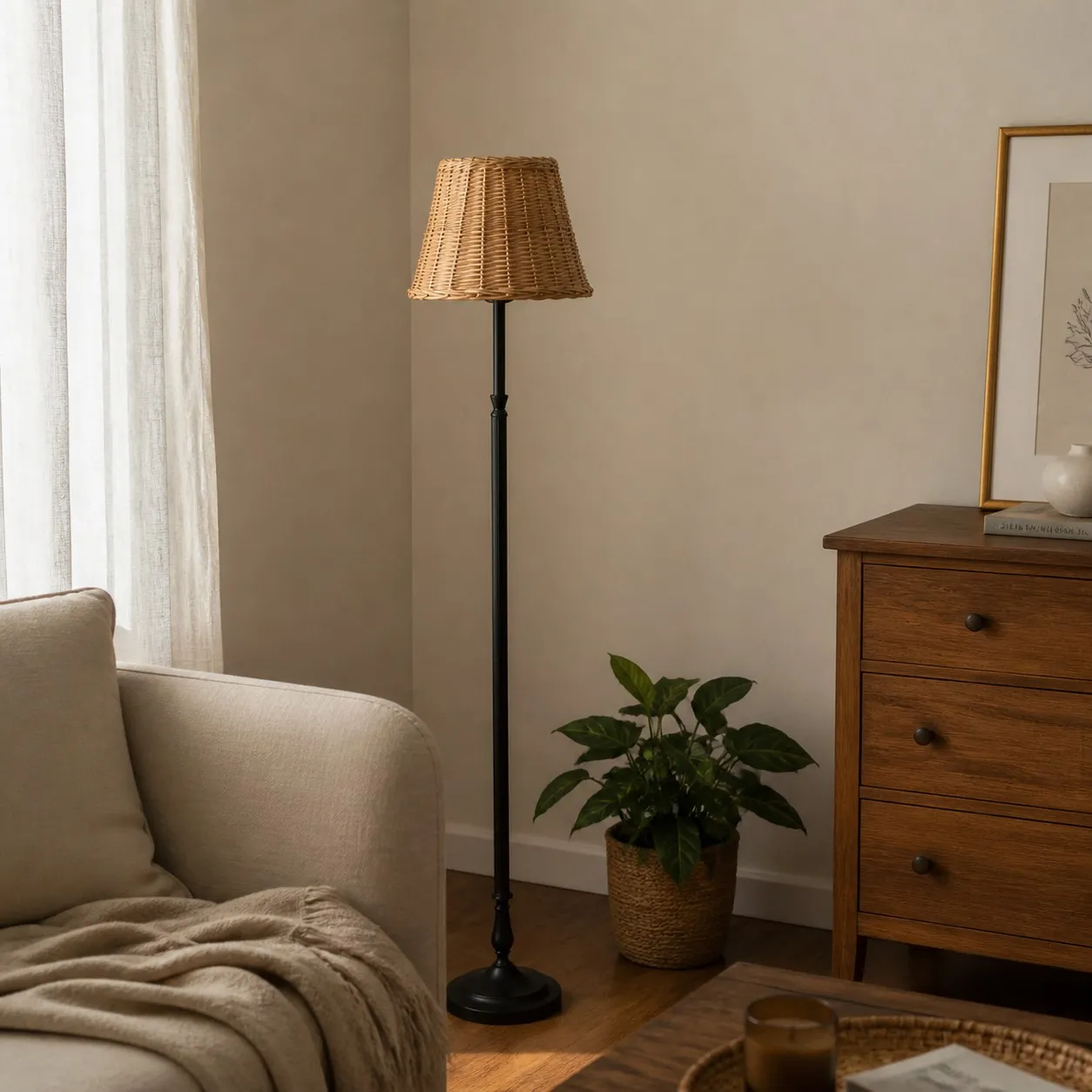 Rattan shade floor lamp in a warm bedroom corner
