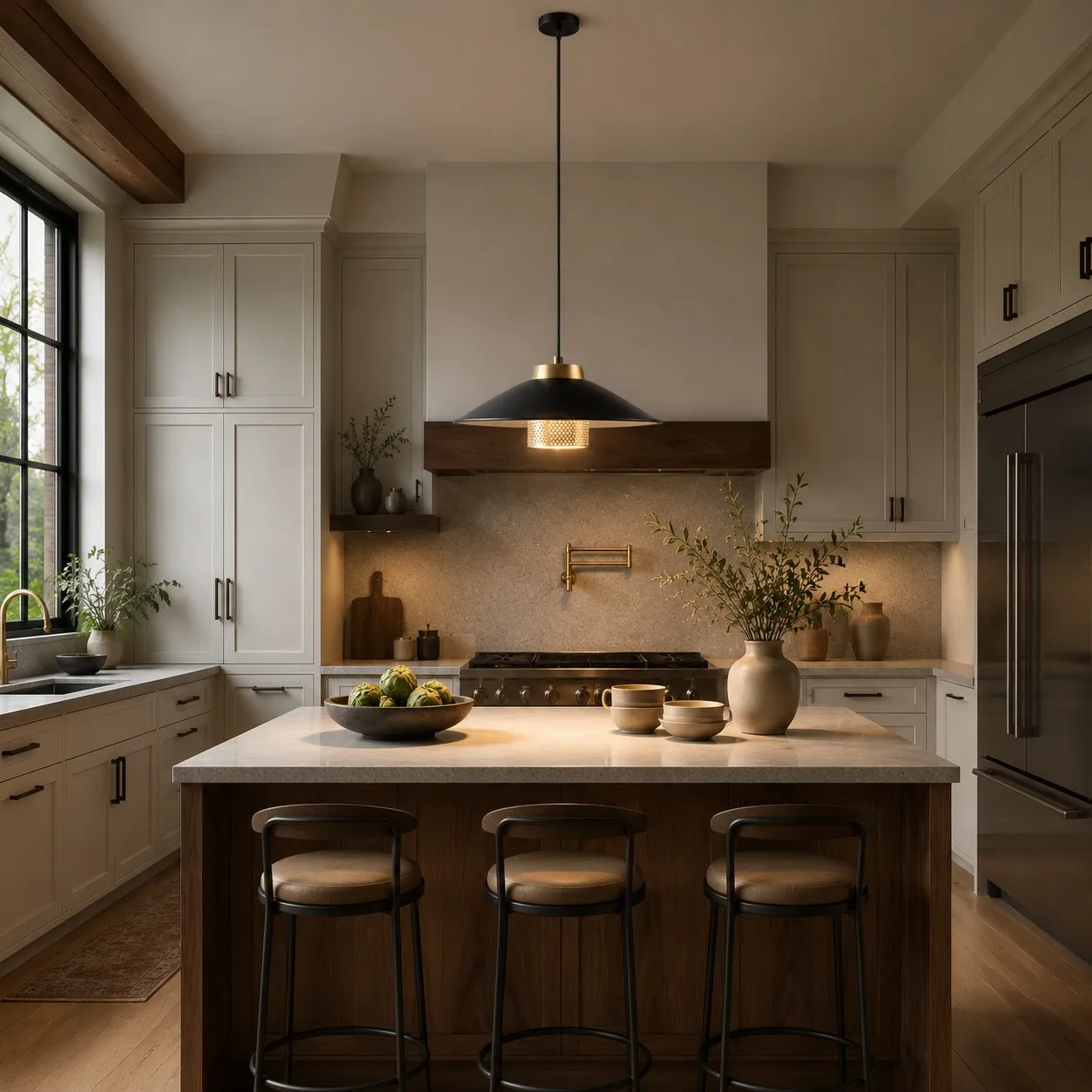 Black and brass pendant light illuminating a warm modern kitchen island
