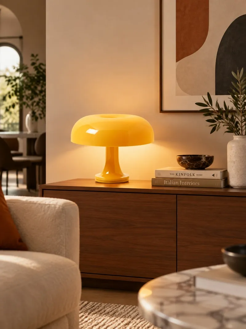 Lámpara de mesa seta de acrílico brillante en un interior