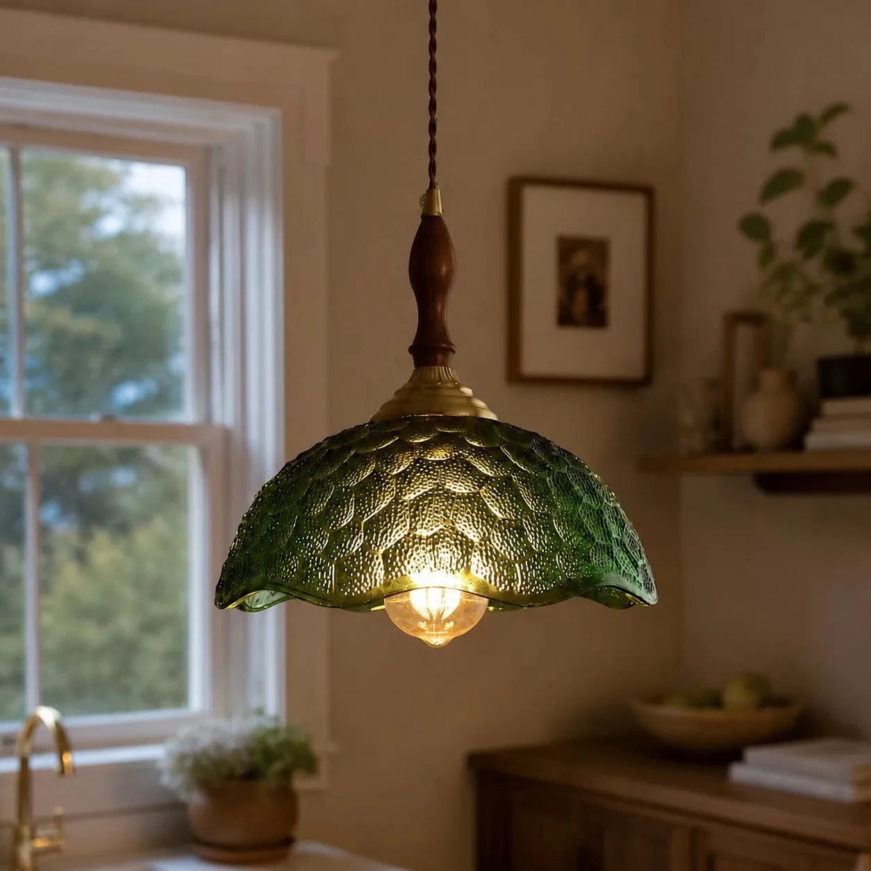 Green pendant over warm interior corner
