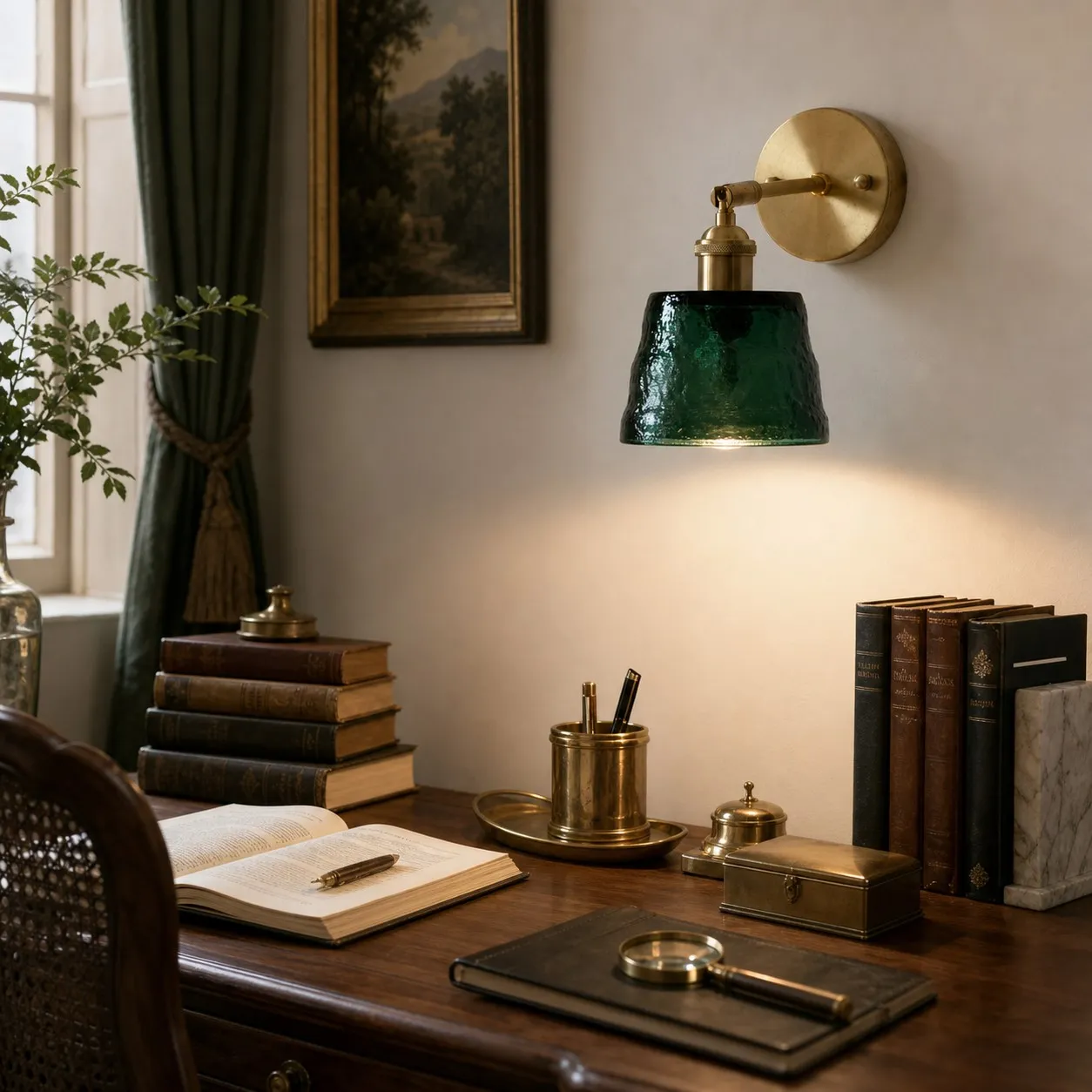 Green brass glass wall sconce above a writing desk
