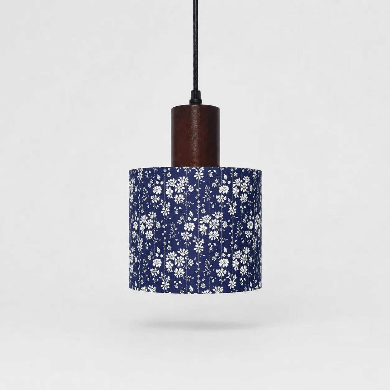 Blue floral patterned fabric drum pendant light, 16 cm shade