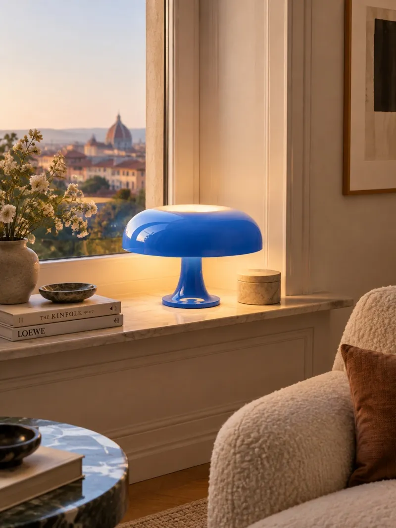 Lámpara de mesa seta de acrílico brillante en un interior