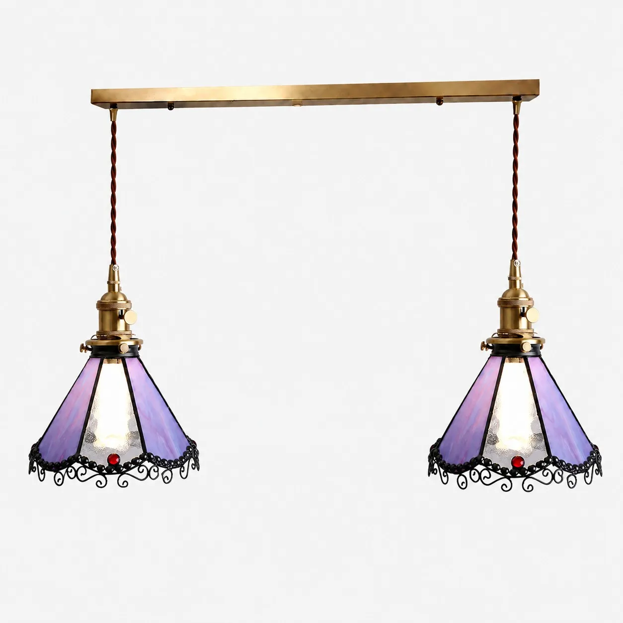 Purple two-light stained glass linear pendant